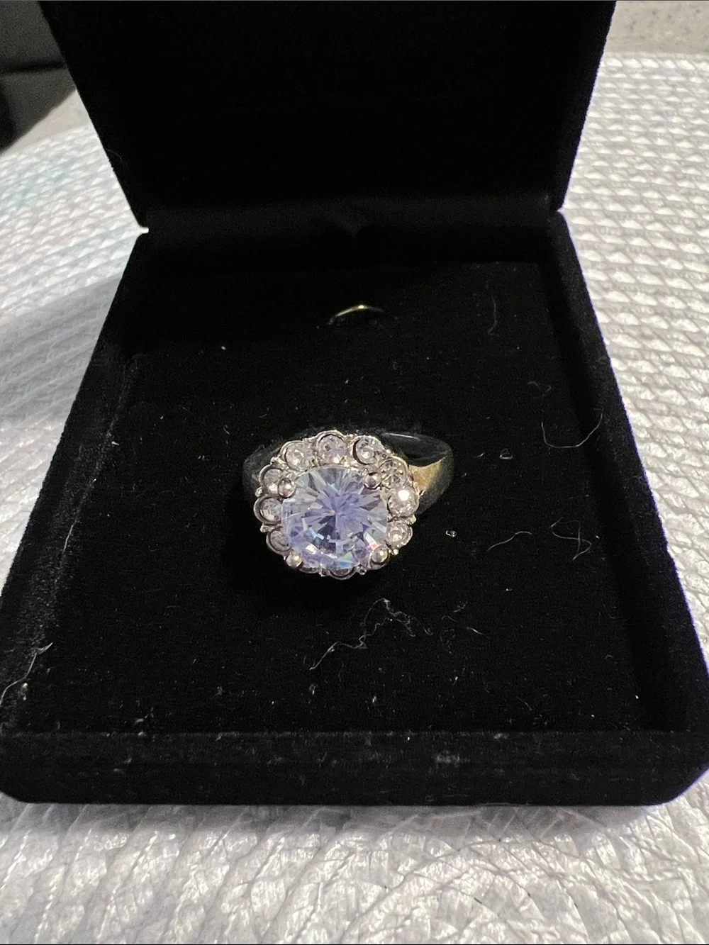 Silver-Tone Halo Ring with Light Purple Center Stone